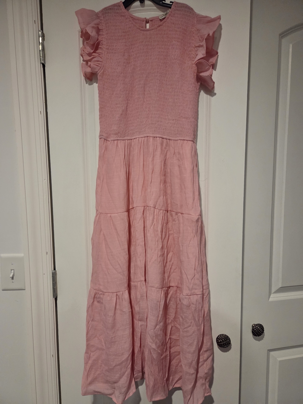 Zenana Outfitters Pink Smocked Bodice Ruffle Sleeve Maxi Dress